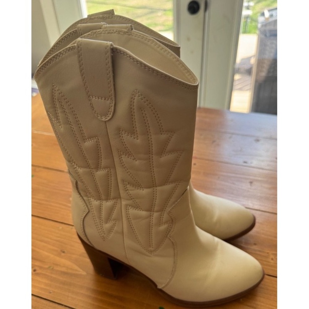 MIA Womens Off White Western Cowgirl Boots Block Heel Mid Calf Pointed Toe Ivory - Picture 5 of 10